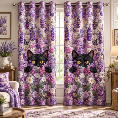 Black Cat & Lavender Floral Quilted Curtains LD29QLTCT
