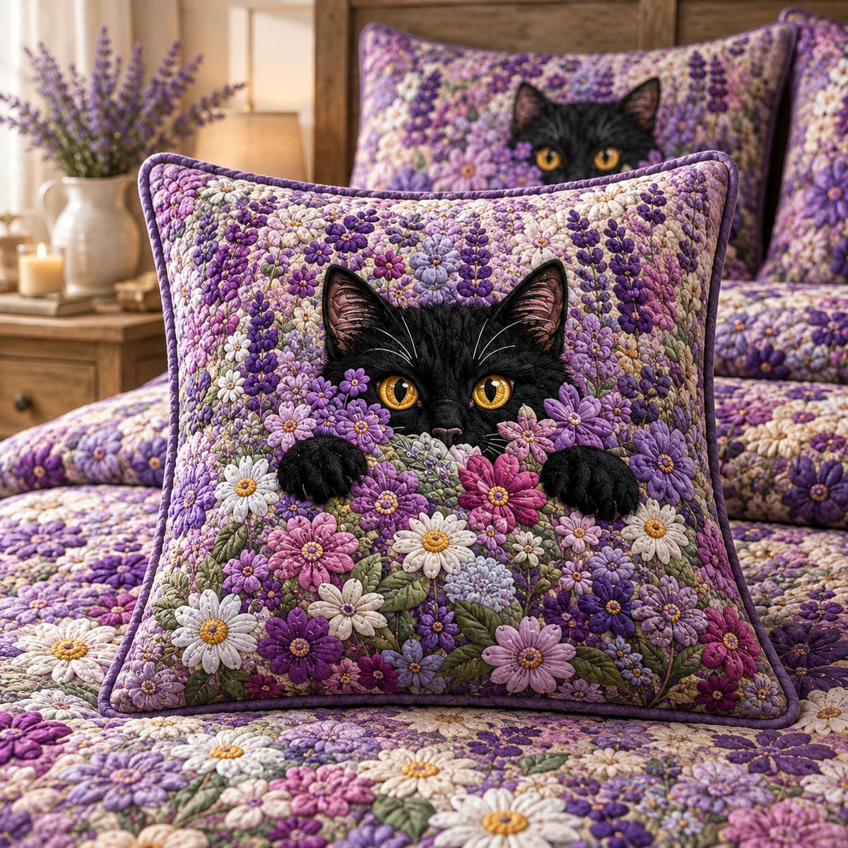 Black Cat & Lavender Floral Quilted Pillow Cover LD29QLTPLC