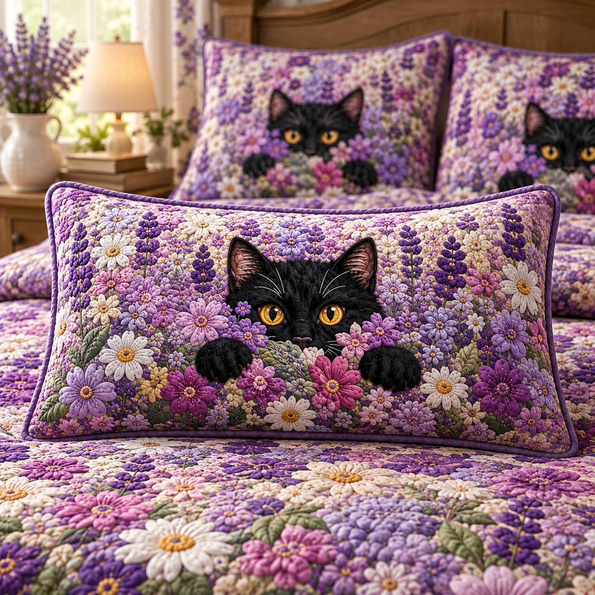 Black Cat & Lavender Floral Quilted Pillow Cover LD29QLTPLC