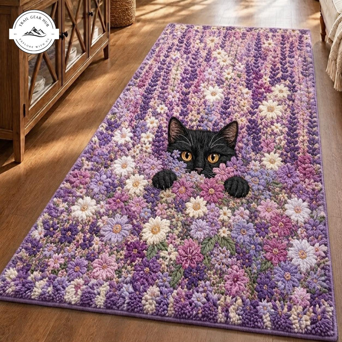 Black Cat & Lavender Floral Plush Runner Rug LD29RUGHN117