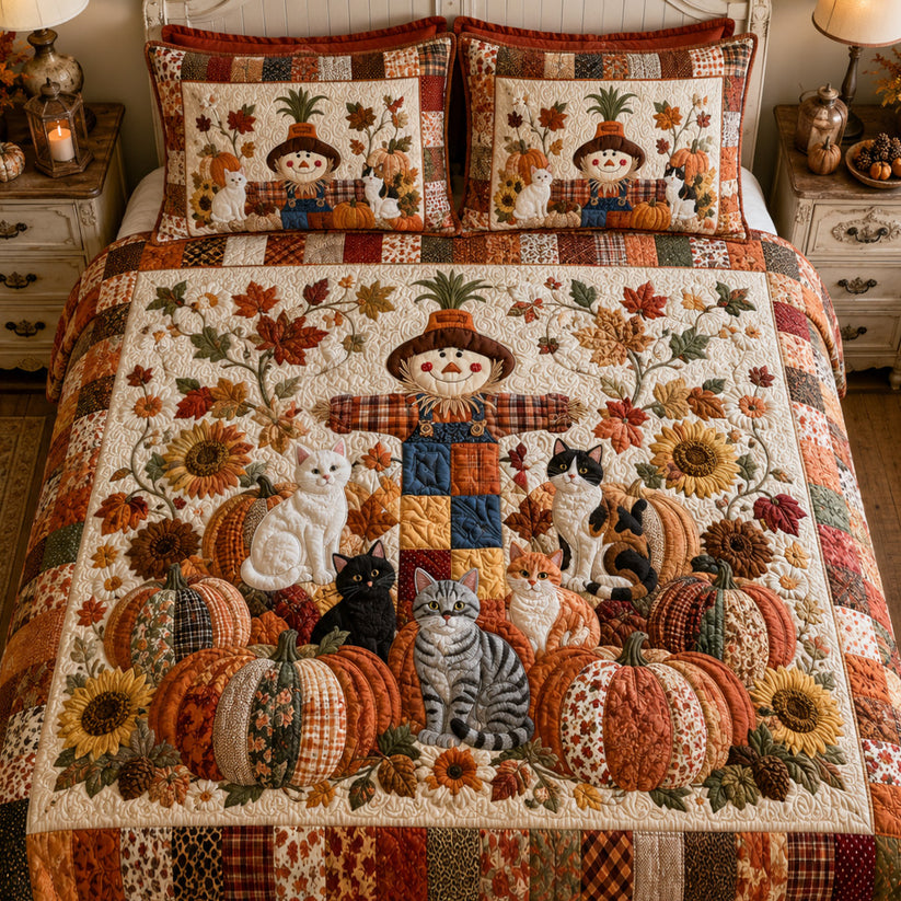 Cozy Autumn Cats & Scarecrow Quilted Bedding Set LD31