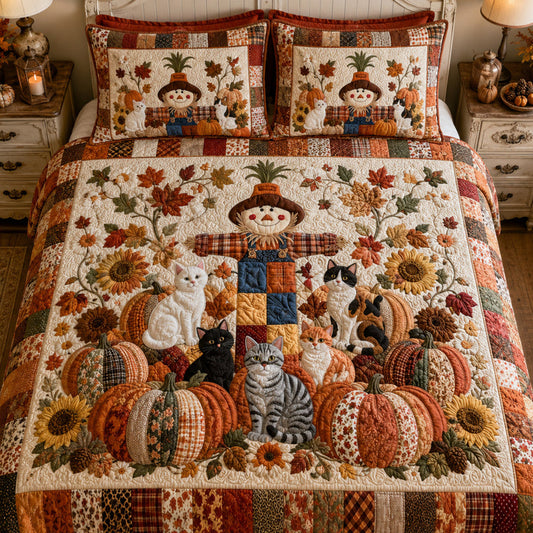 Cozy Autumn Cats & Scarecrow Quilted Bedding Set LD31