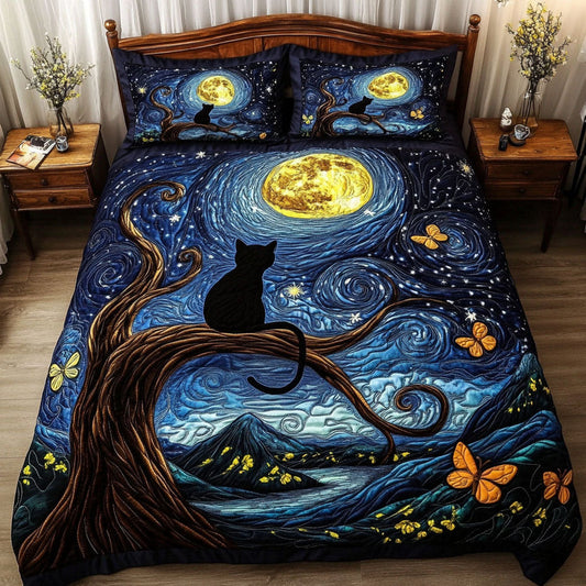 Starry Night Black Cat Quilted Bedding Set LD37