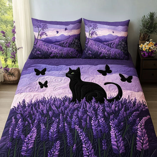 Black Cat in Lavender Field Quilted Bedding Set LD38