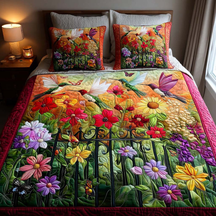 Vibrant Floral & Hummingbird Quilted Bedding Set LD47