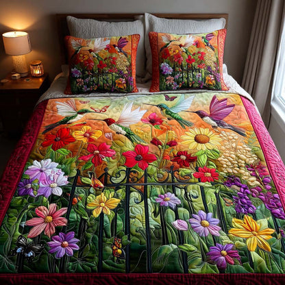 Vibrant Floral & Hummingbird Quilted Bedding Set LD47