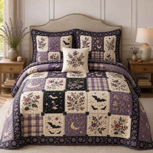 Vintage Purple Botanical Patchwork Quilted Bedding Set LD52