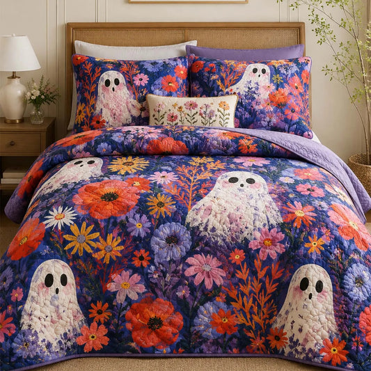 Cozy Spooky Floral Ghost Quilted Bedding Set LD53