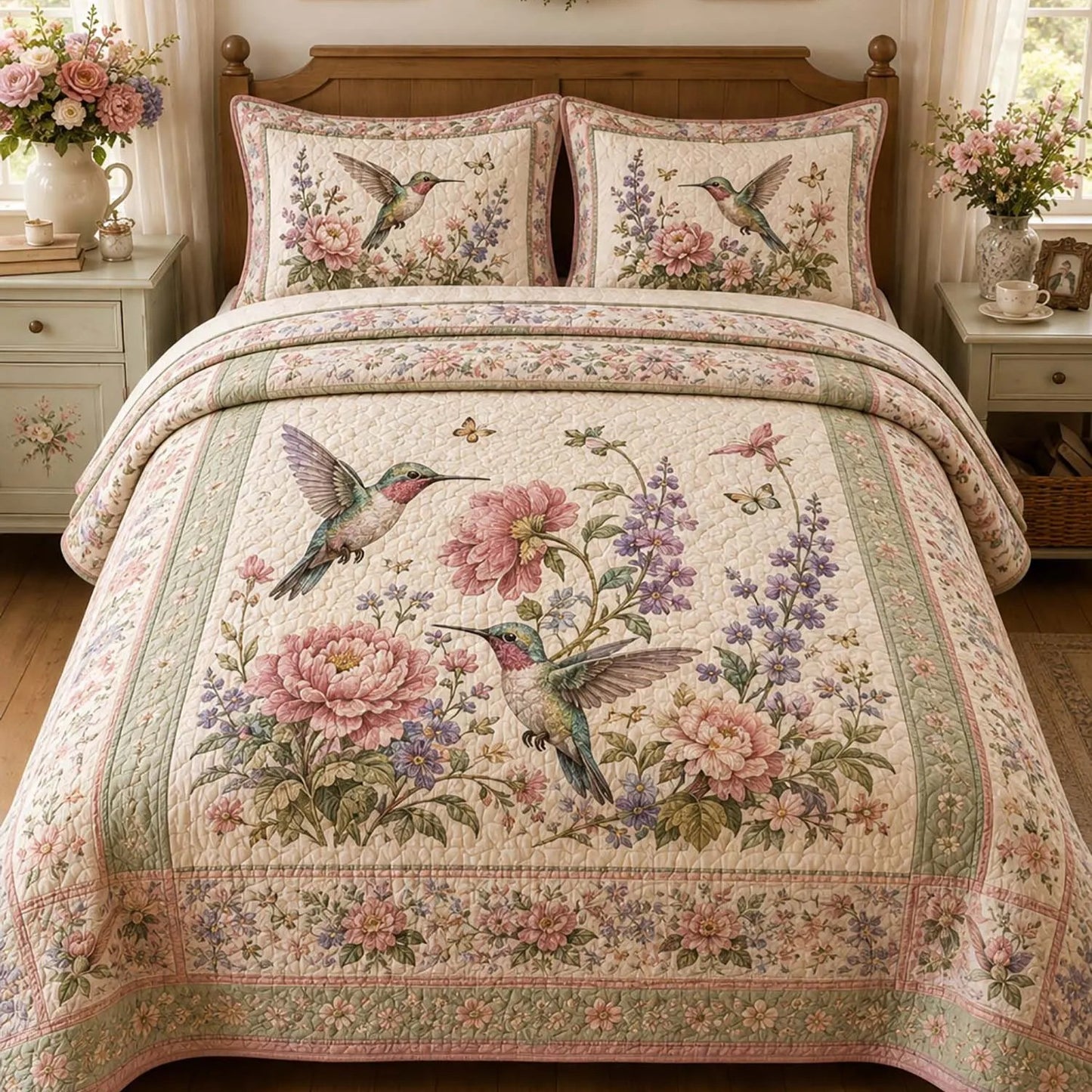 Hummingbird and Floral Quilted Bedding Set LD57