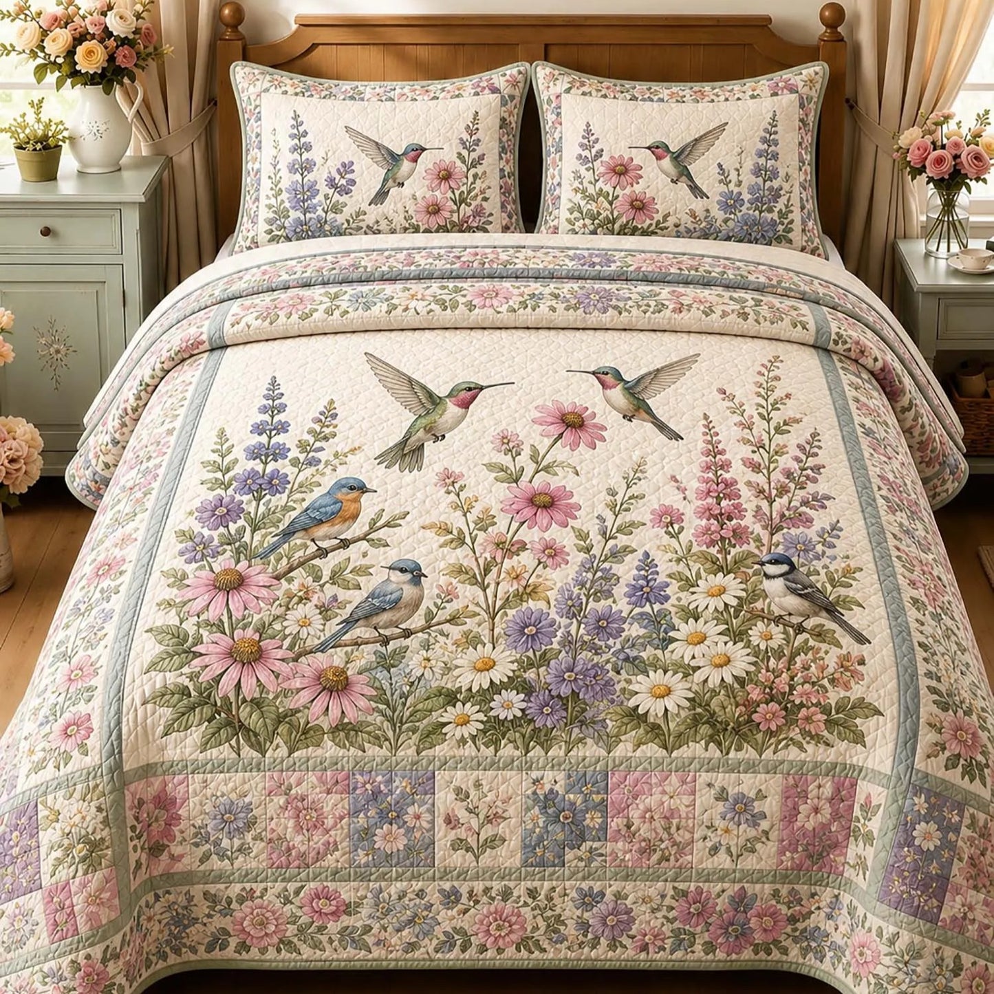 Vintage Hummingbird & Wildflower Floral Quilted Bedding Set LD58