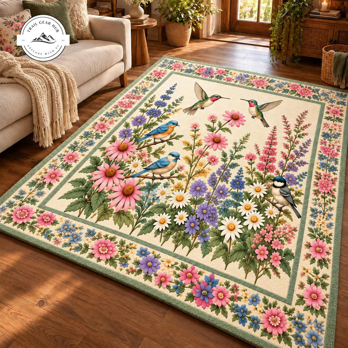 Vintage Hummingbird & Wildflower Floral Faux Cashmere Area Rug LD58FCARUG