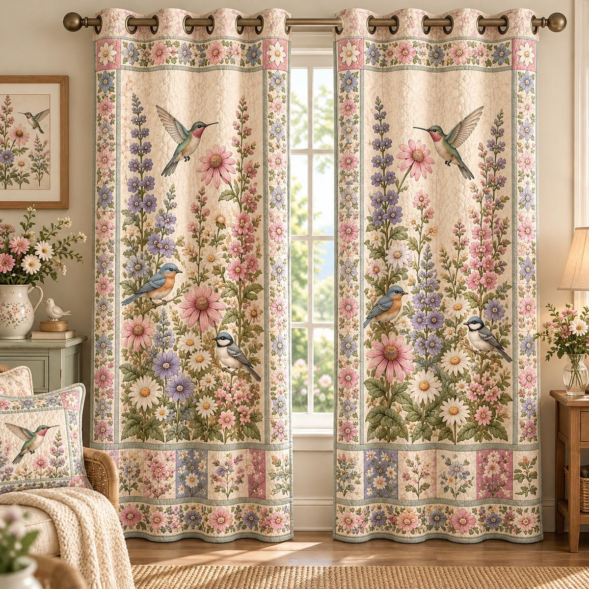 Vintage Hummingbird & Wildflower Floral Grommet Curtains LD58GRMCT