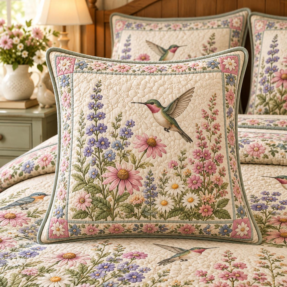 Vintage Hummingbird & Wildflower Floral Quilted Pillow Cover LD58QLTPLC