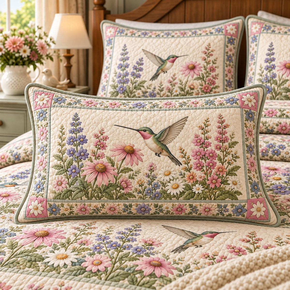 Vintage Hummingbird & Wildflower Floral Quilted Pillow Cover LD58QLTPLC