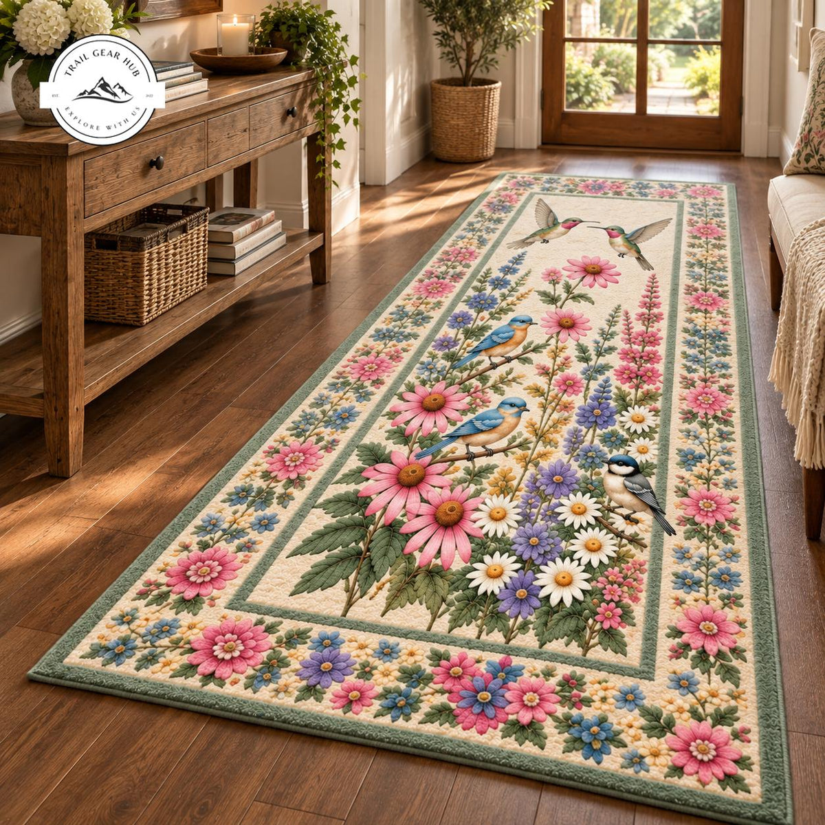Vintage Hummingbird & Wildflower Floral Plush Runner Rug LD58RUGHN117
