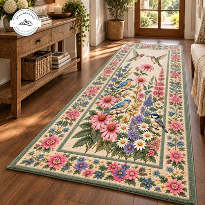 Vintage Hummingbird & Wildflower Floral Plush Runner Rug LD58RUGHN117