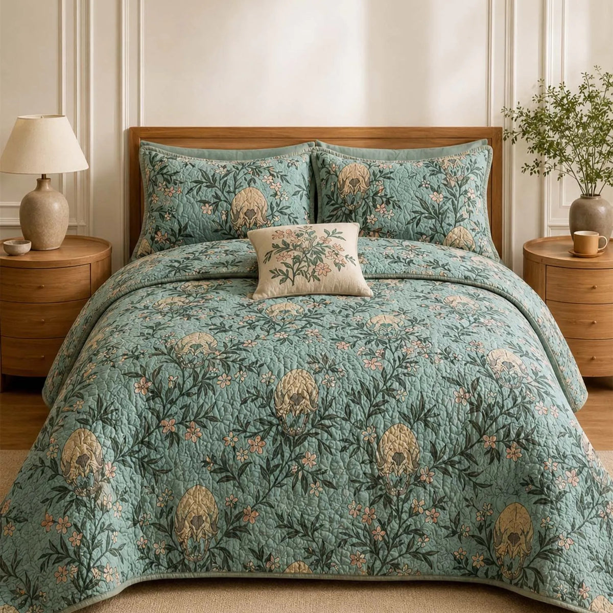 Sage Green Skull & Botanical Quilted Bedding Set LD62