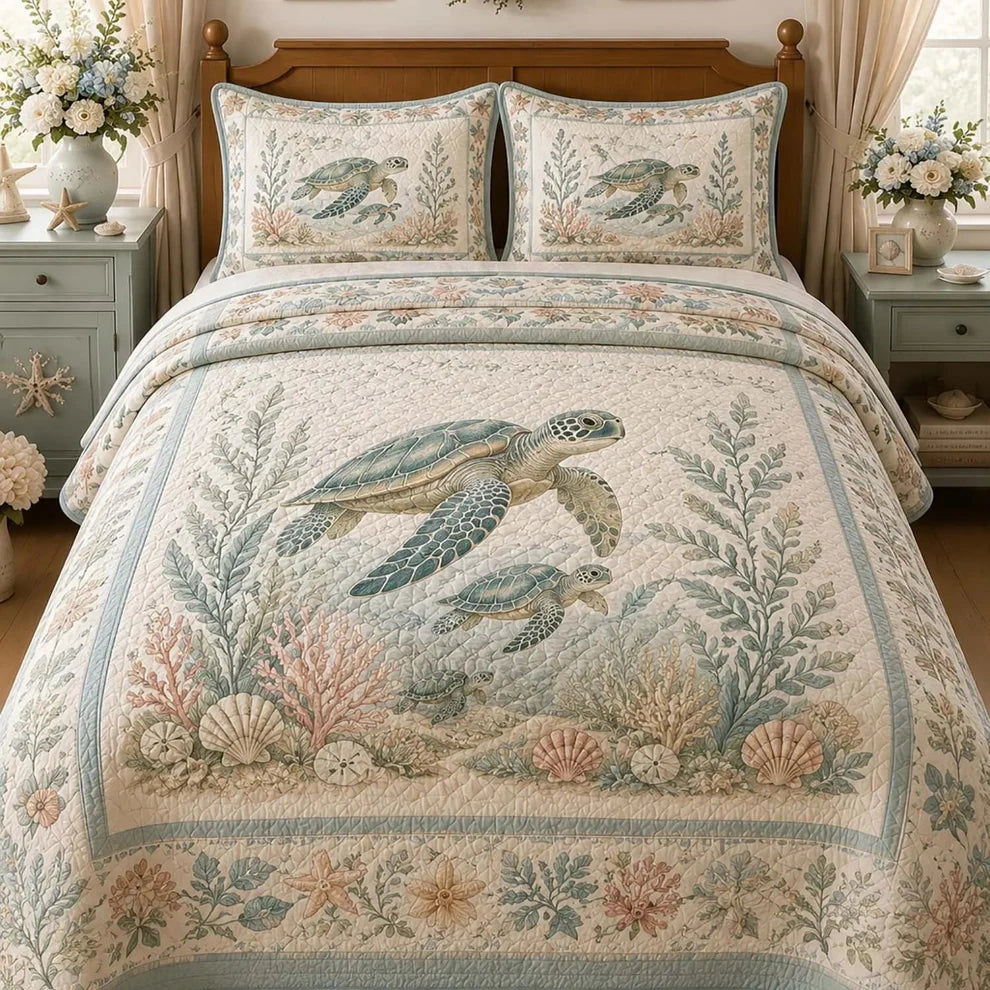 Pastel Ocean Sea Turtle Quilted Bedding Set Ver2 LD63