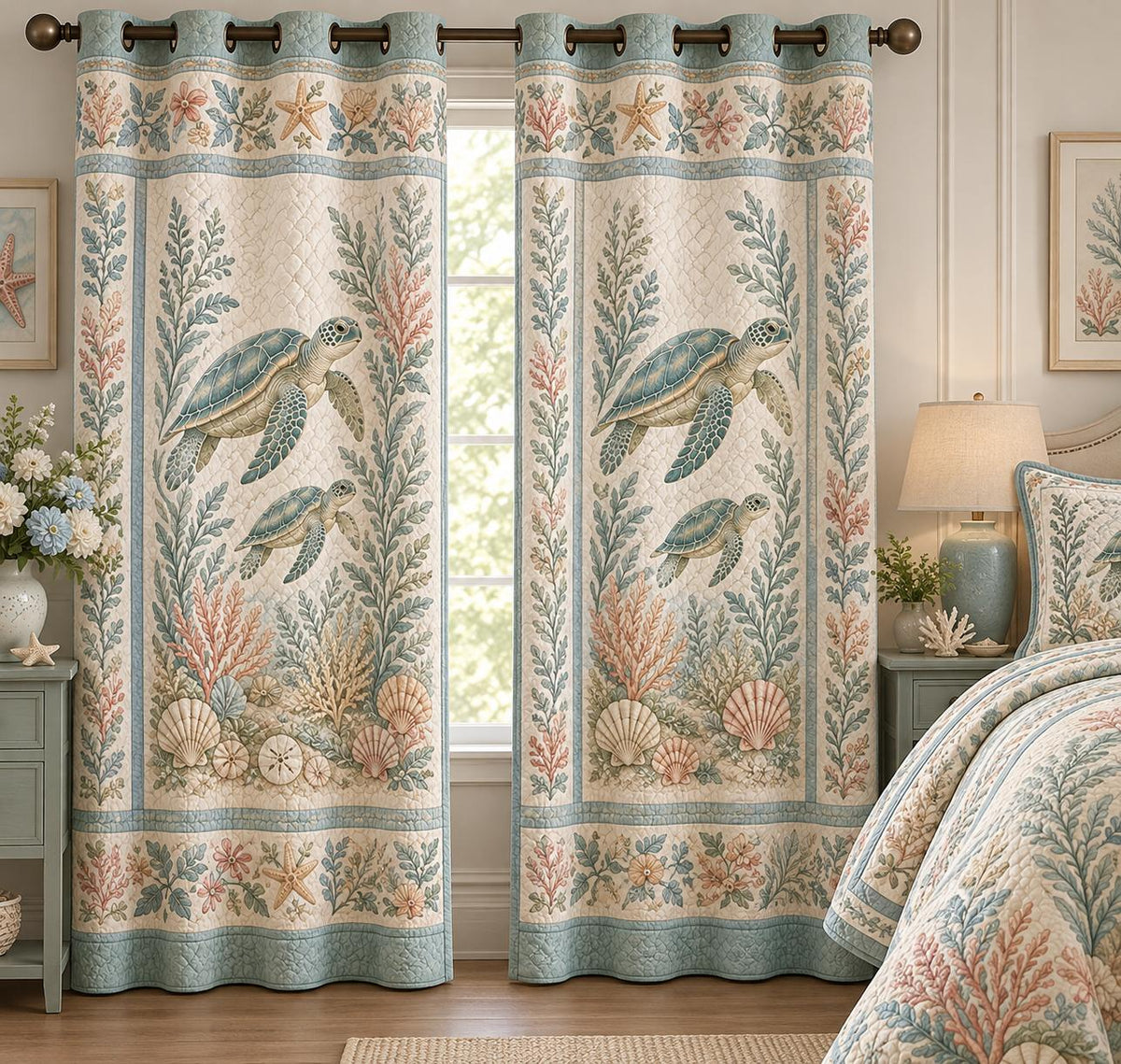 Pastel Ocean Sea Turtle Quilted Curtains LD63QLTCT