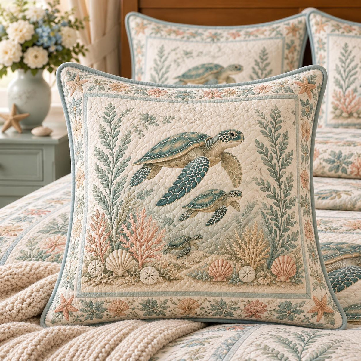Pastel Ocean Sea Turtle Quilted Pillow Cover LD63QLTPLC