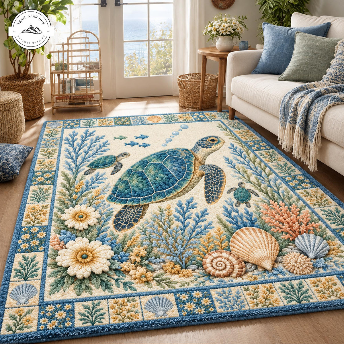 Vintage Sea Turtle Faux Cashmere Area Rug LD64FCARUG