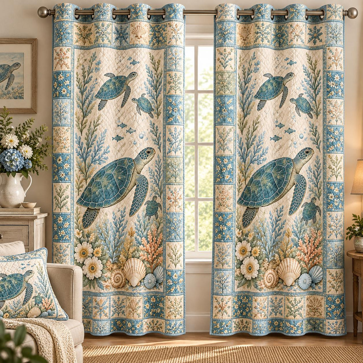 Vintage Sea Turtle Grommet Curtains LD64GRMCT