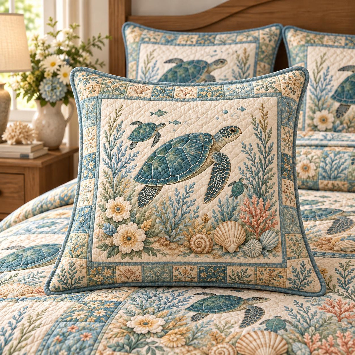 Vintage Sea Turtle Quilted Pillow Cover LD64QLTPLC