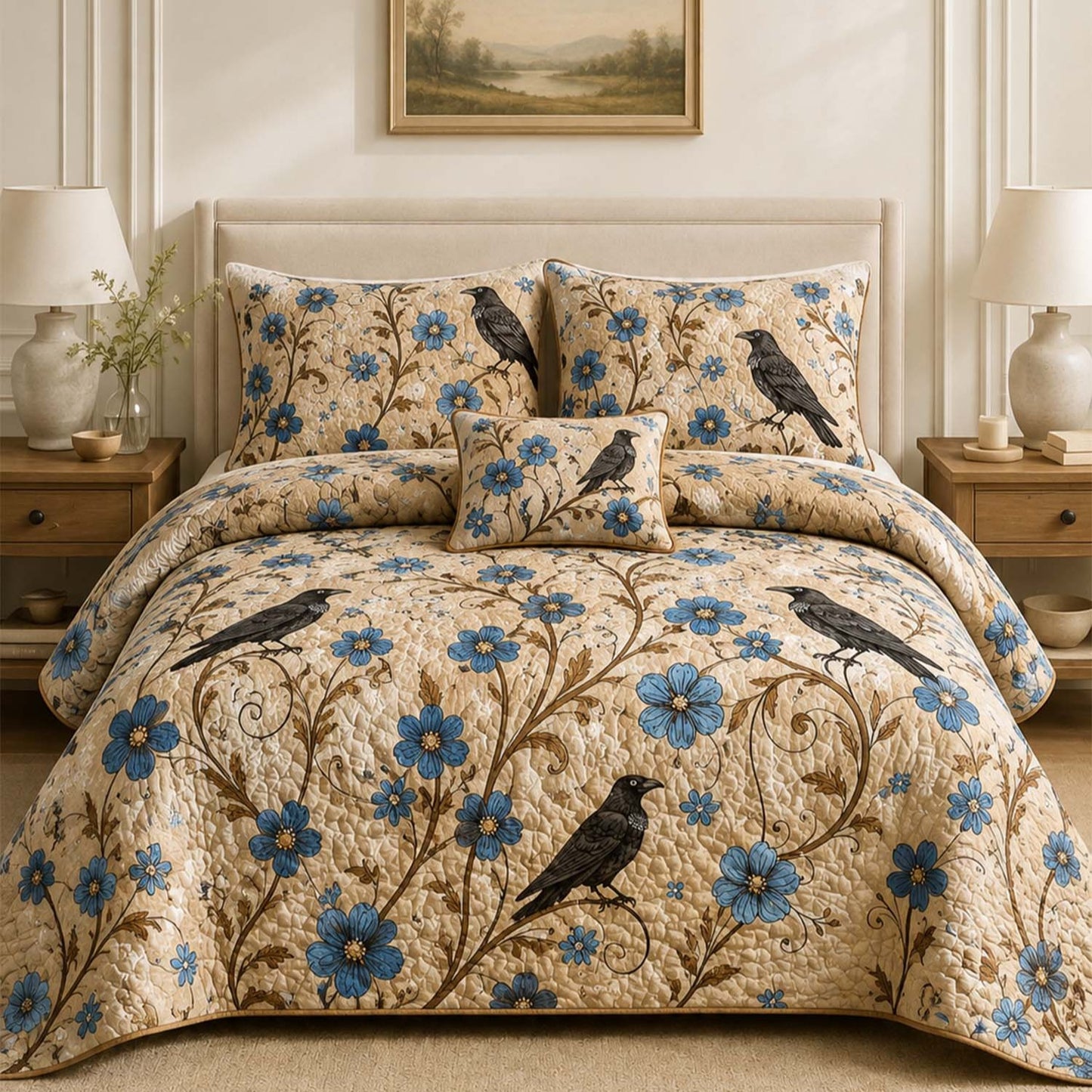 Vintage Raven & Blue Floral Quilted Bedding Set LD65