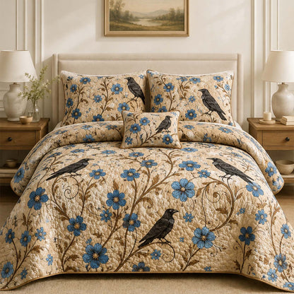 Vintage Raven & Blue Floral Quilted Bedding Set LD65