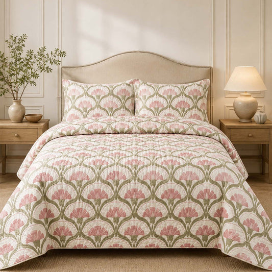 Vintage Botanical Floral Fan Quilted Bedding Set LD67