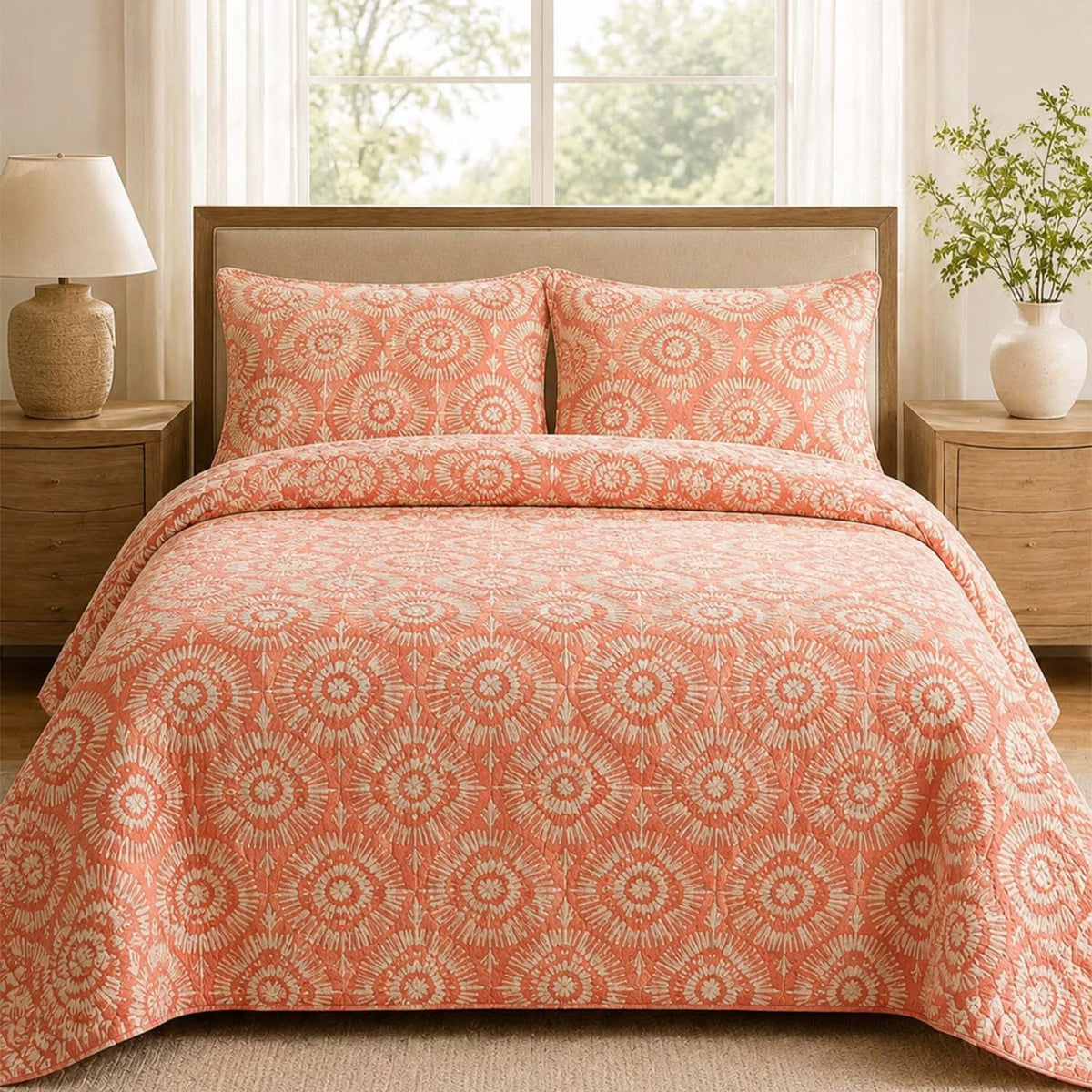 Boho Peach Floral Quilted Bedding Set LD68