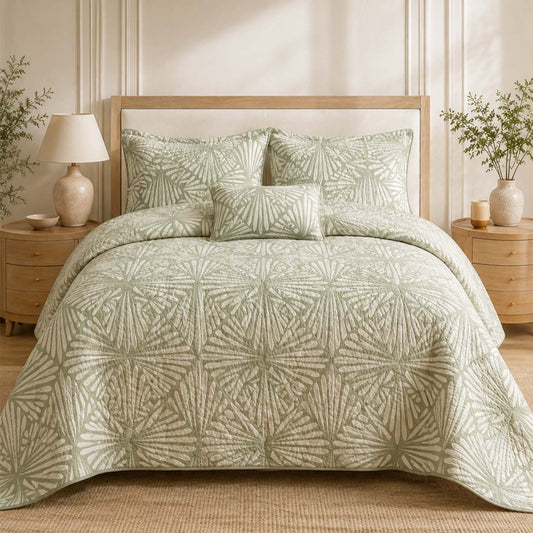 Sage Green Geometric Quilted Bedding Set LD69