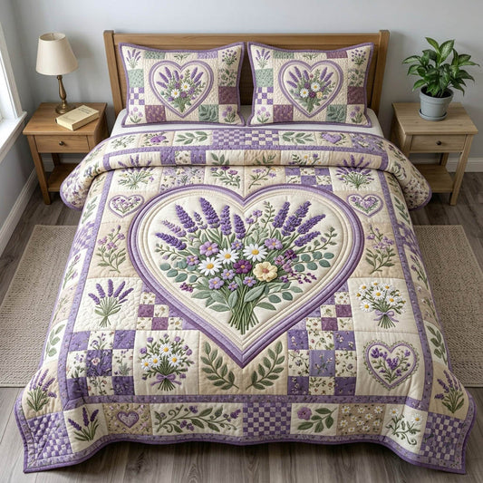 Lavender Floral Heart Quilted Bedding Set LD72