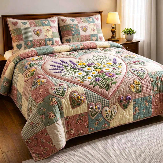 Floral Heart Patchwork Quilted Bedding Set LD73
