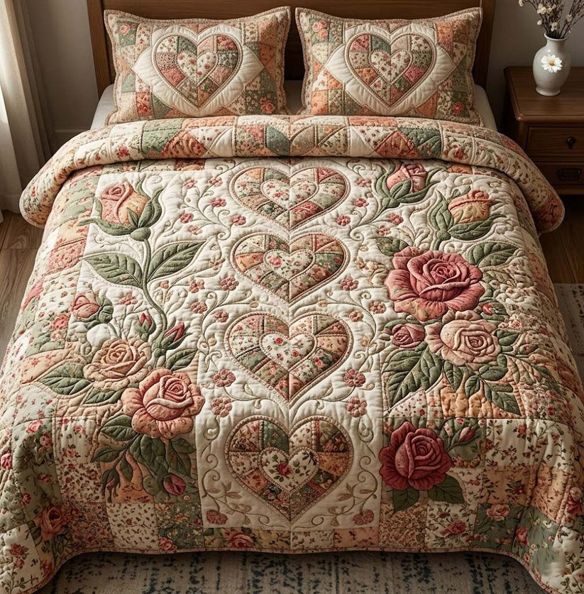 Vintage Rose & Heart Patchwork Quilted Bedding Set LD76
