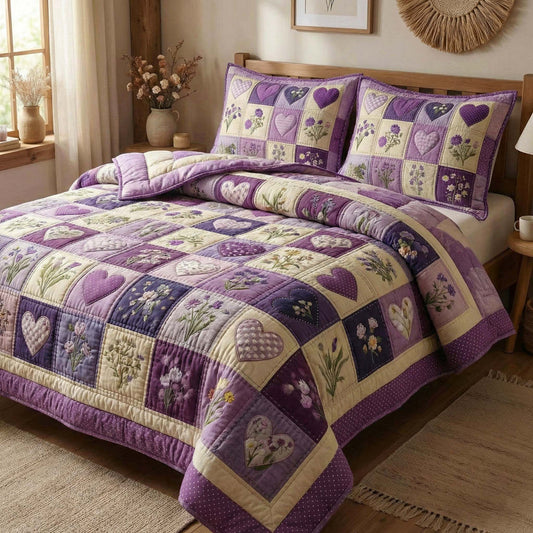 Lavender Heart Floral Quilted Bedding Set LD78