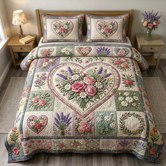 Vintage Floral Heart Quilted Bedding Set LD80