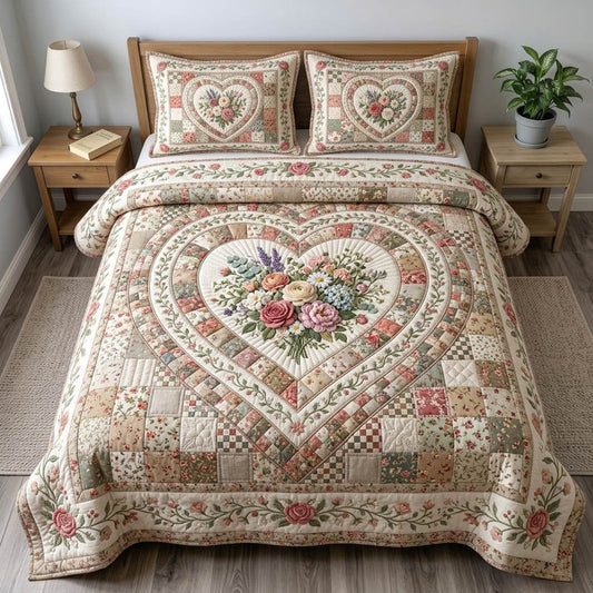 Vintage Floral Heart Patchwork Quilted Bedding Set LD81