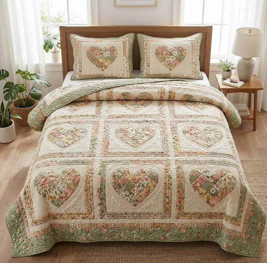 Floral Heart Patchwork Quilted Bedding Set LD84