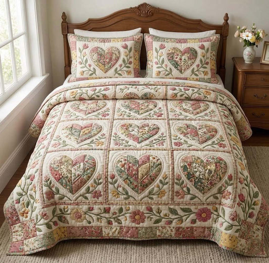 Floral Heart Patchwork Quilted Bedding Set LD85