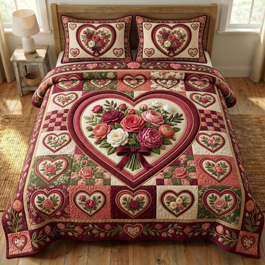 Rose Floral Patchwork Quilted Bedding Set LD87