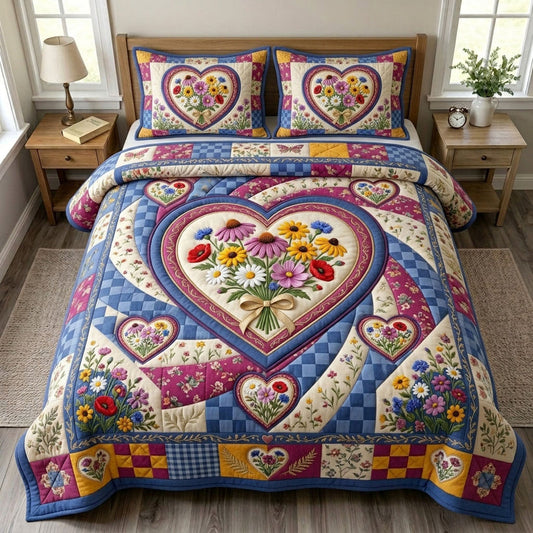 Floral Heart Patchwork Quilted Bedding Set LD88