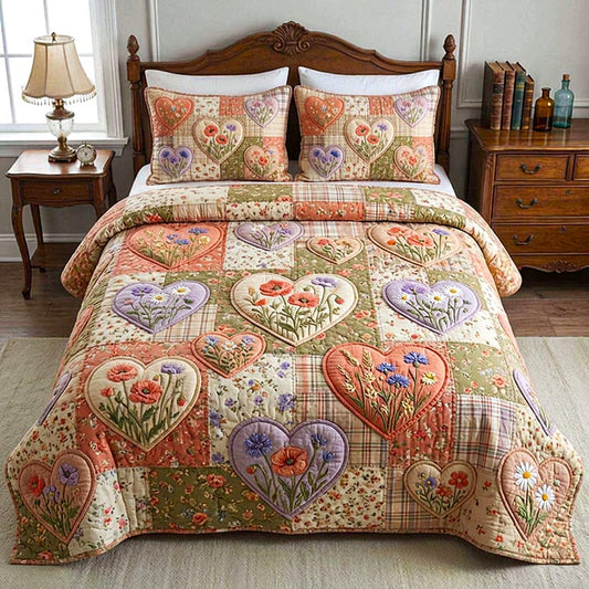 Floral Heart Patchwork Quilted Bedding Set LD94