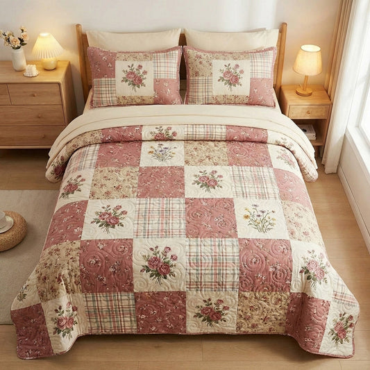 Cottagecore Rose & Plaid Quilted Bedding Set LD106