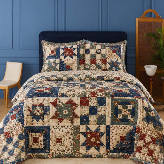 Navy Blue & Burgundy Patchwork Quilted Bedding Set LD120