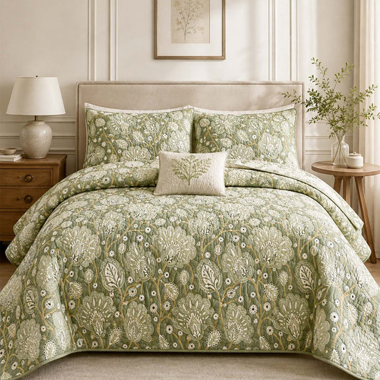 Sage Green Floral Quilted Bedding Set LD121