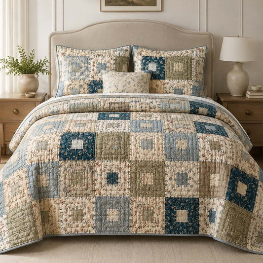 Floral Square Patterned Quilted Bedding Set LD124
