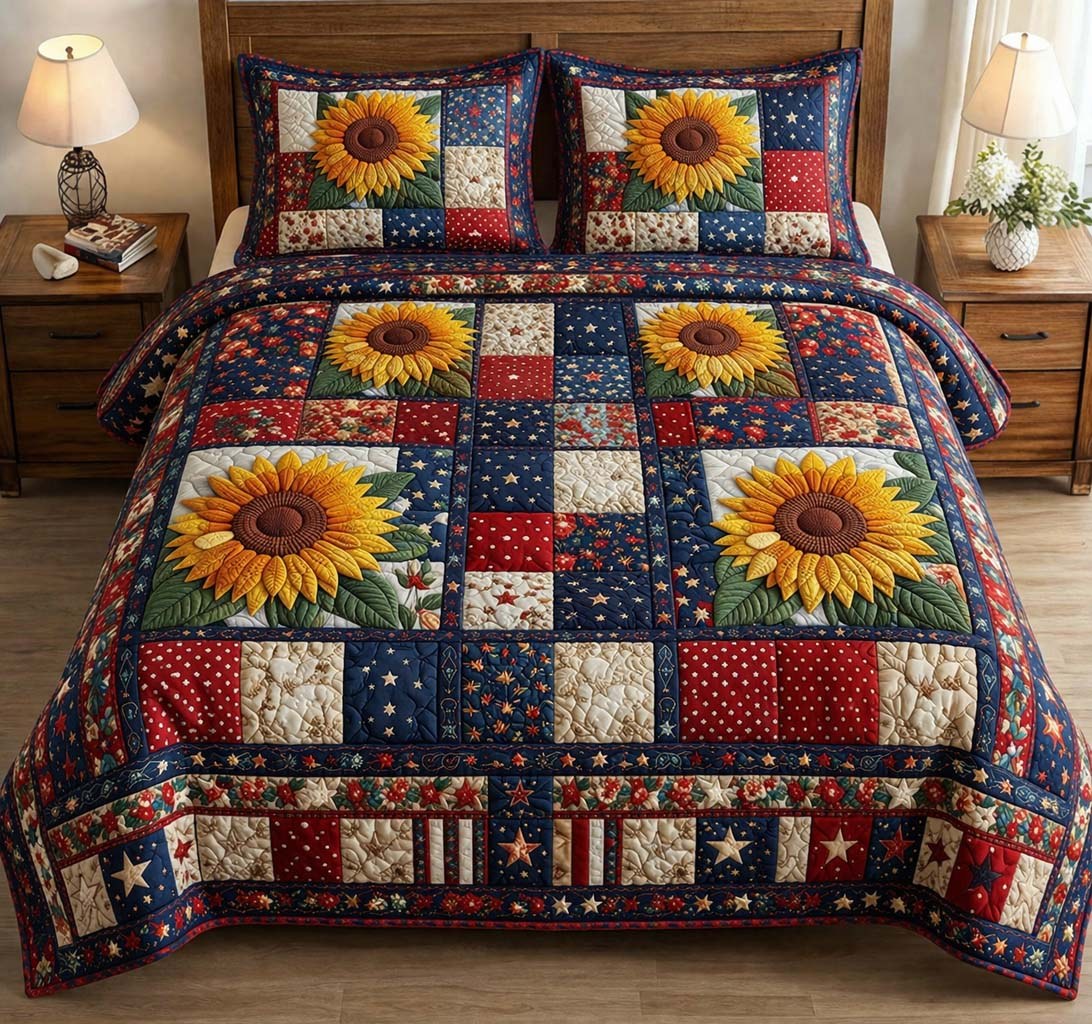 Rustic Sunflower & Americana Patchwork Quilted Bedding Set LD132