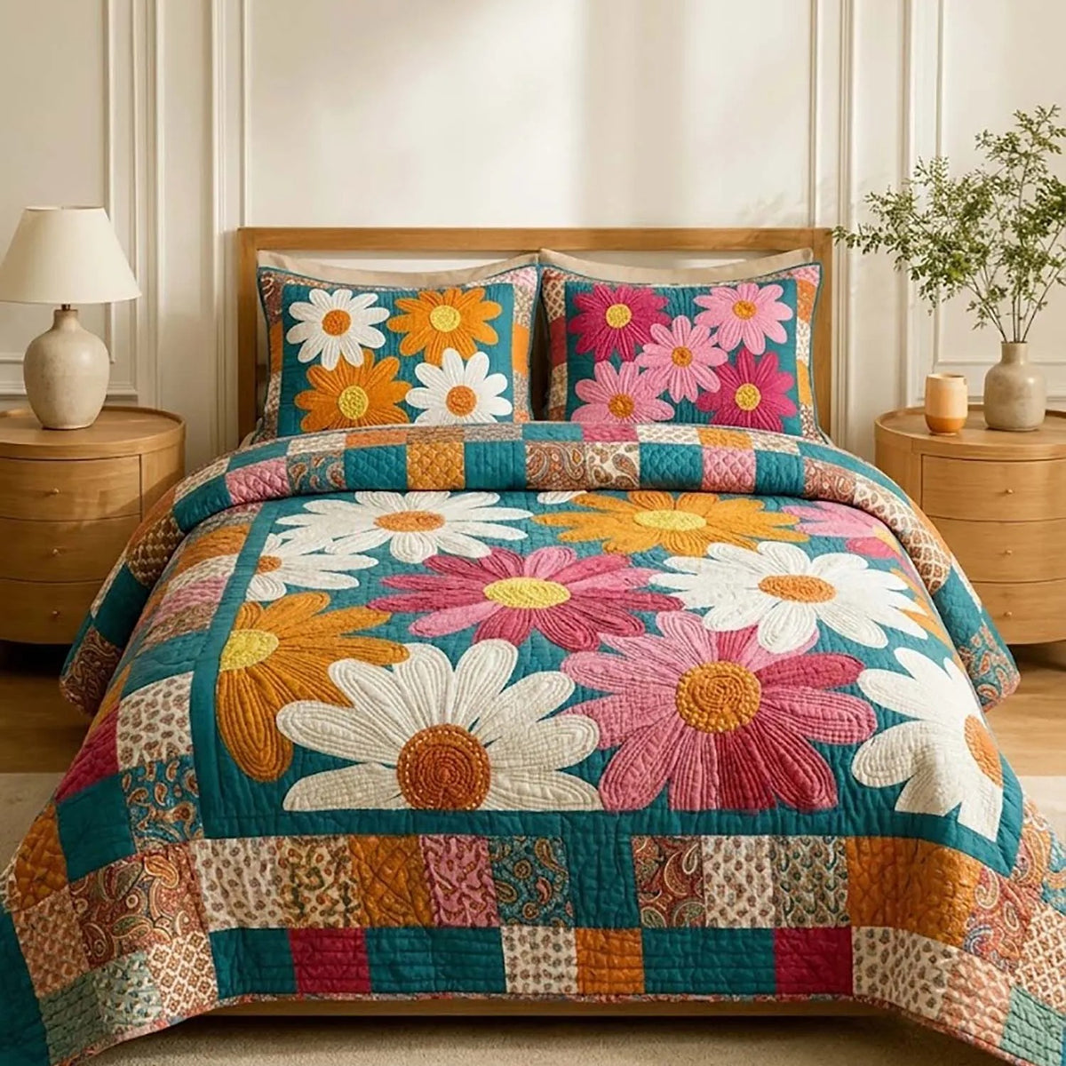 Retro Daisy Print Quilted Bedding Set LD136