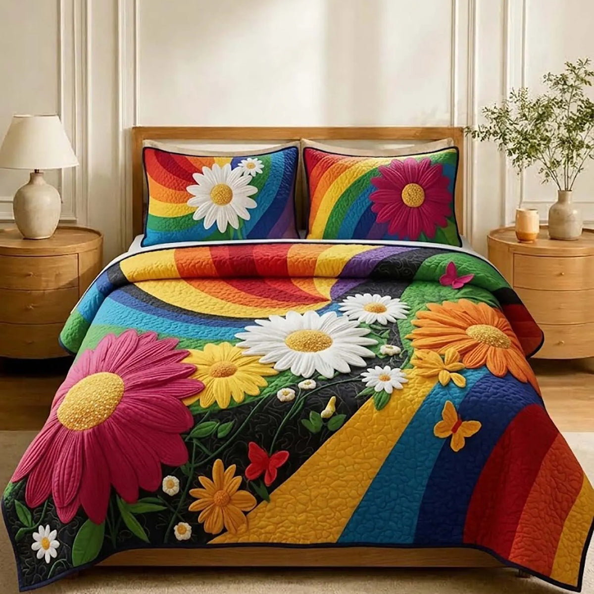 Rainbow Floral Quilted Bedding Set LD137